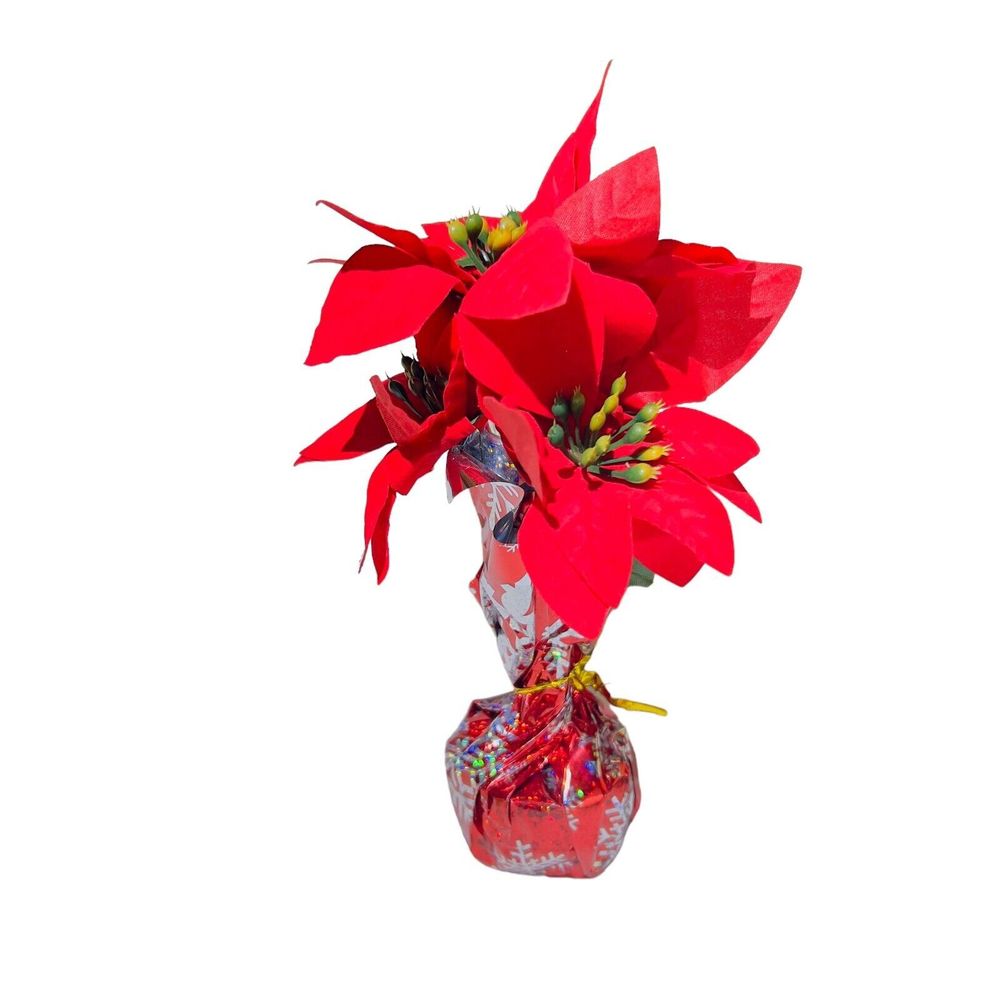 Small Potted Poinsettia Red Green Christmas Table Weight Flower Decor 8”x5"